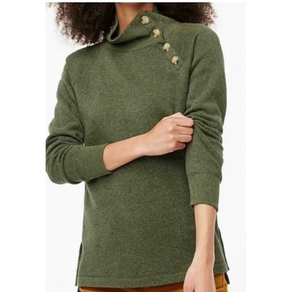 J. Crew Funnel Neck Pullover Green Button Detail Long Sleeve Small